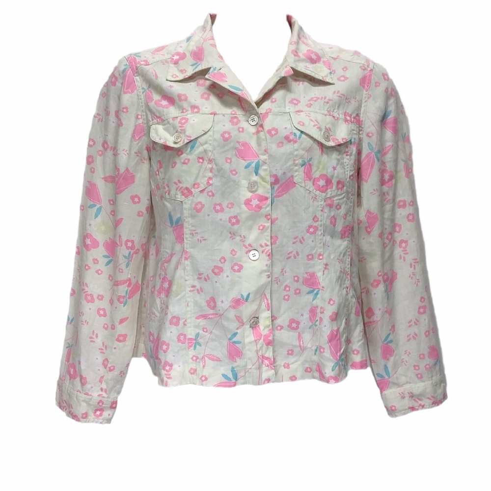 SO Blue Sigrid Olsen Women's Floral Button Front Linen Shirt